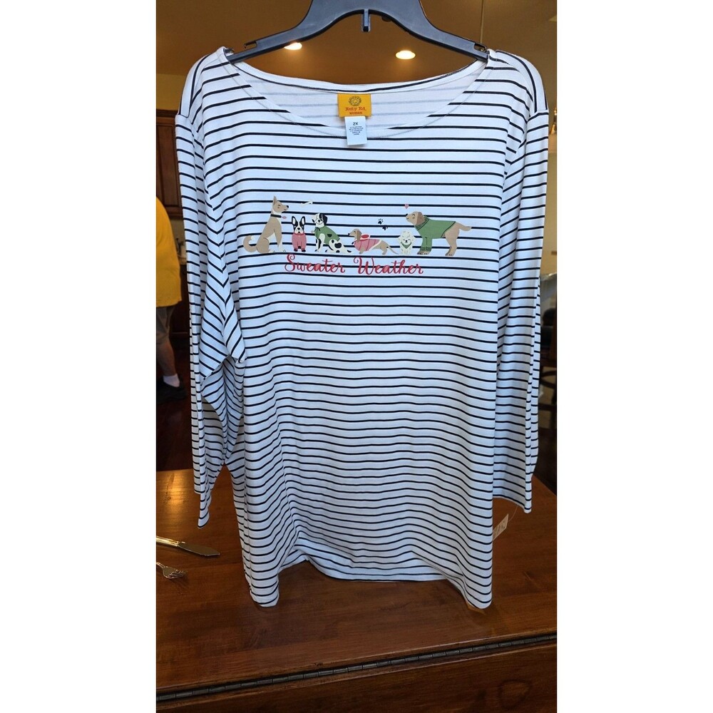 RUBY RD Women's Plus Striped 3/4 Sleeve w Dog Pattern Top 2X New